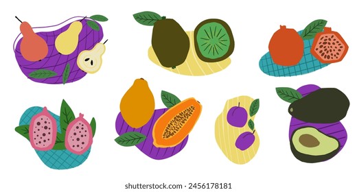 Dulces frutas. Conjunto plano de dibujos animados de Vector. Frutas de dragón, pera, aguacate, ciruela, kiwi, granada.