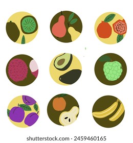 Sweet fruits. Vector cartoon flat set. Dragon fruits, pear, avocado, plum, kiwi, pomegranate in circle