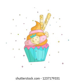 Sweet fun cartoon cupcake with colored frosting and strawberry. Cartoon cupcake icon with decoration elements. Colored cupcake illustrating with colored cream icon vector.