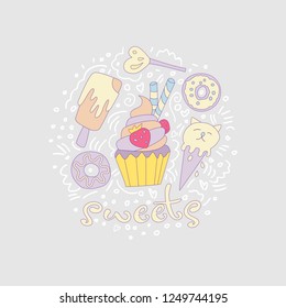 Sweet fun cartoon cupcake with colored frosting and strawberry. Cartoon cupcake icon with decoration elements such as donut, lollipop, ice cream and curved lines. Colored cupcake icon vector.