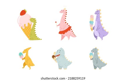 Sweet Funny Baby Dinosaurs Eating Ice Cream Set. Cute Prints For Nursery, T-shirt, Kids Apparel, Party Design Cartoon Vector Illustration