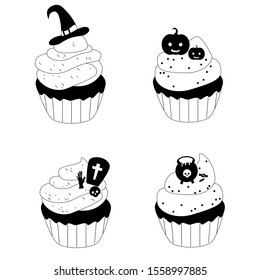 Sweet and funny cupcakes set with halloween decoration. Black bakery decorated with skull, candy and other on white  backround. Vector flat icons. Yummy party food.