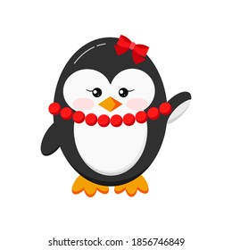 Sweet funny cute baby girl penguin with red beads and bow icon in standing hi pose isolated on white background. Flat design cartoon style waving antarctic bird toy, animal vector illustration.