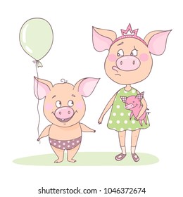Sweet and funny girl pig is together with his brother. Baby pig is standing with a balloon in his hands. Cute illustration in cartoon style