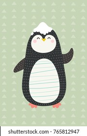 Sweet and funny penguin. Vector illustration in Scandinavian style. Funny, cute poster.