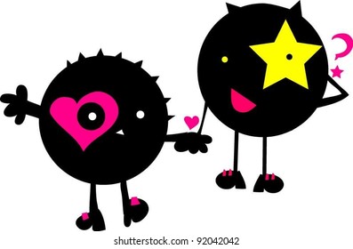 sweet funny twins monsters with love heart and star