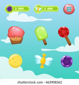Sweet game elements. Vector candy and lollipop. Cookie, cake and icecream. Gui.