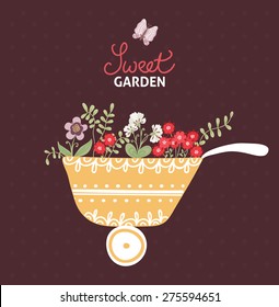Sweet garden. Decorative greeting card with garden elements and flowers
