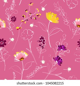 Sweet garden flowers outline and blooming florals seamless pattern vector on sweet pink background.