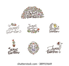 Sweet garden. Set of floral, garden and organic logo, labels and badges