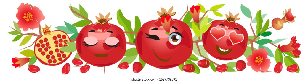 Sweet garnet border. Cute cartoon emoji fruits