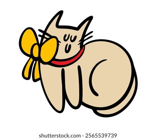 Sweet and gentle kitty modestly closed her eyes. Vector illustration of a funny pet. A fashionable animal with a yellow bow and red ribbon around its neck. Isolated character on white background.