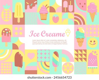 Dulce helado geométrico Anuncio.Helados con diferentes sabores, conos de helado, frutas en estilo plano geométrico para flyer, carteles, Web, diseño, print.Summer delicacy,sundaes,gelatos.Ilustración vectorial