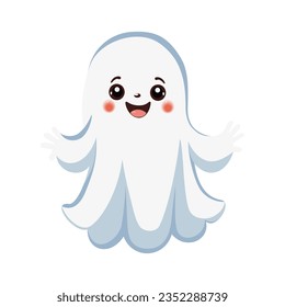 Sweet ghost character wearing a white shroud, perfect for Halloween. Cute baby spirit in flat style. Vector illustration.