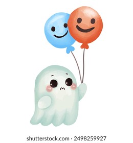 Sweet Ghost with Cheerful Balloons in Watercolor Style