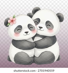 Doce casal pandas gigante abraçando, mostrando amor terno e carinho. Adorável ursos peludos amigos sentados juntos. Perfeito para cartão de dia dos namorados, decoração de berçário.