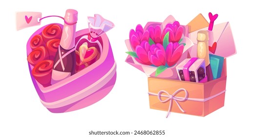 Sweet gift boxes set isolated on white background. Vector cartoon illustration of heart shape and square package with bunches of flowers, candies, alcohol bottles, romantic Valentine Day present