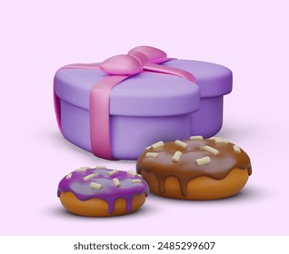 Dulce concepto de regalo. Caja atada con cinta y lazo, rosquillas con relleno de chocolate y espolvoreado