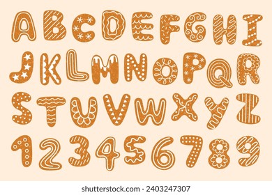 Sweet ginger cookies font. Christmas pastry alphabet, sweet textured biscuits with icing sugar, holiday baked numbers, letters, vector set.eps
