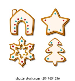 Sweet gingerbread cookies. Festive glazed biscuits in shape of house and tree, star and snowflake. Cartoon Vector illustration