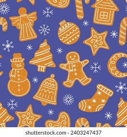 Sweet gingerbread cookies repeated background. Xmas holiday pastry elements, white sugar icing, homemade biscuits, vector seamless pattern.eps
