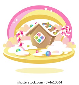 Sweet gingerbread house, candy and rainbow. Vector illustration.