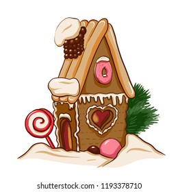 Sweet gingerbread house illustration for designing greeting card, party invitation, holiday poster, banner, fashion prints, websites, wallpaper. Christmas or new year or winter holiday vibes, 