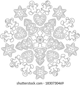 Sweet Gingerbread Mandala Christmas Illustration. Gingerbread man, star, heart, patterns. Coloring page, black and white, line art, print and color, favorite holidays, I like winter