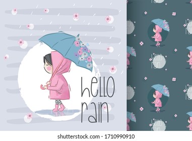 Sweet girl along with rain seamless pattern