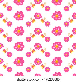 Sweet girl background for template birthday card, baby shower invitation, girls wallpaper, clothing or dress fabric. Pink print with flower and butterfly. Little princess pattern vector.