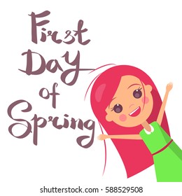 Sweet girl with big eyes, lettering first day of spring, character in  cartoon style isolated on white