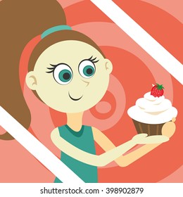 sweet girl with birthday cake. Vector Illustration