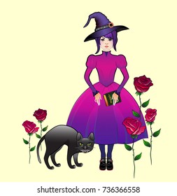 sweet girl with a black cat is going to poke at halloween