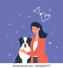 A sweet girl cuddles her beloved pet dog, an Australian shepherd dog. Cartoon-style illustration.