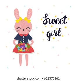 Sweet girl. Cute little bunny with flowers. Romantic card, greeting card or postcard. Illustration with beautiful fashion rabbit. Vector illustration