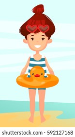 Sweet girl with dark hair in a striped bathing suit. Sunglasses in the form of hearts. She has a life preserver in the form of a duck. Vector cartoon illustration. Character.