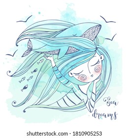 A sweet girl dreams of the sea.Her fantasy is a big blue whale. Graphics and watercolors. Vector.