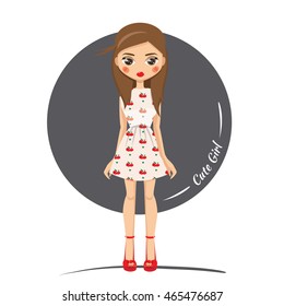 Sweet girl in a dress with a pattern in the form of apples. The girl beautiful hair, big eyes and sweet face. On her feet she had sandals on red high heels.