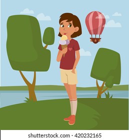 Sweet girl eating ice cream in the park, looking at the balloon. Summer is around the green trees, the river behind them. Sunny. Vector cartoon illustration