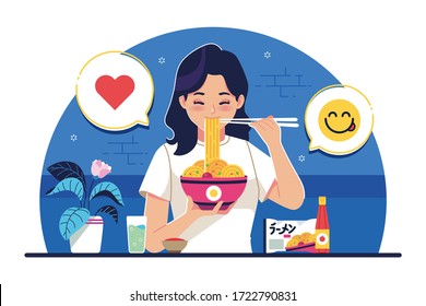 Sweet girl eats instant noodles vector illustration