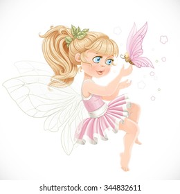 Sweet girl fairy in a pink tutu holding a large butterfly on the finger isolated on a white background