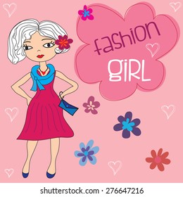 sweet girl with flowers and hearts vector illustration