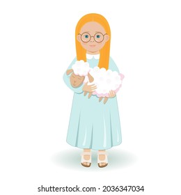 A sweet girl with a fluffy sheep. Vector illustration. Red orange hair.