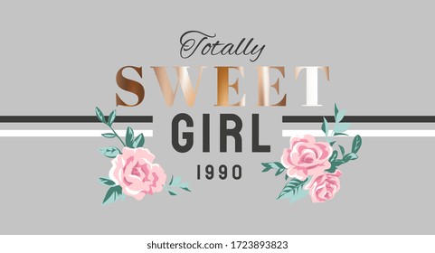 sweet girl gold foil print slogan with pink flowers illustration for fashion print