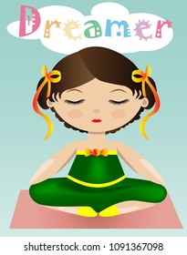 A sweet girl in a green suit is sitting and dreaming with her eyes closed. The inscription Dreamer