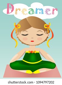 A sweet girl in a green suit is sitting and dreaming with her eyes closed. The inscription Dreamer