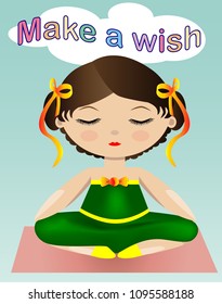 A sweet girl in a green suit is sitting and dreaming with her eyes closed. The inscription Dreamer