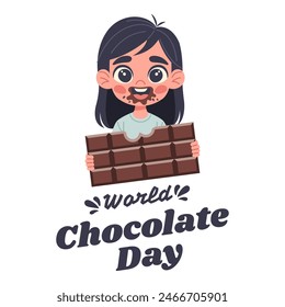 Sweet girl holding chocolate bar, for World Chocolate Day, hand-drawn vector, flat style. Holiday concept. Template for background, banner, card, poster with text inscription