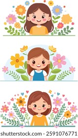 Sweet girl illustrations with colorful flowes bouquets, perfect and nature design