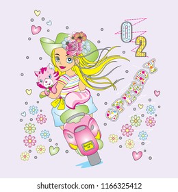 Sweet girl with little cat riding motorcycle with around flowers, numbers and texts. Vector illustration.
